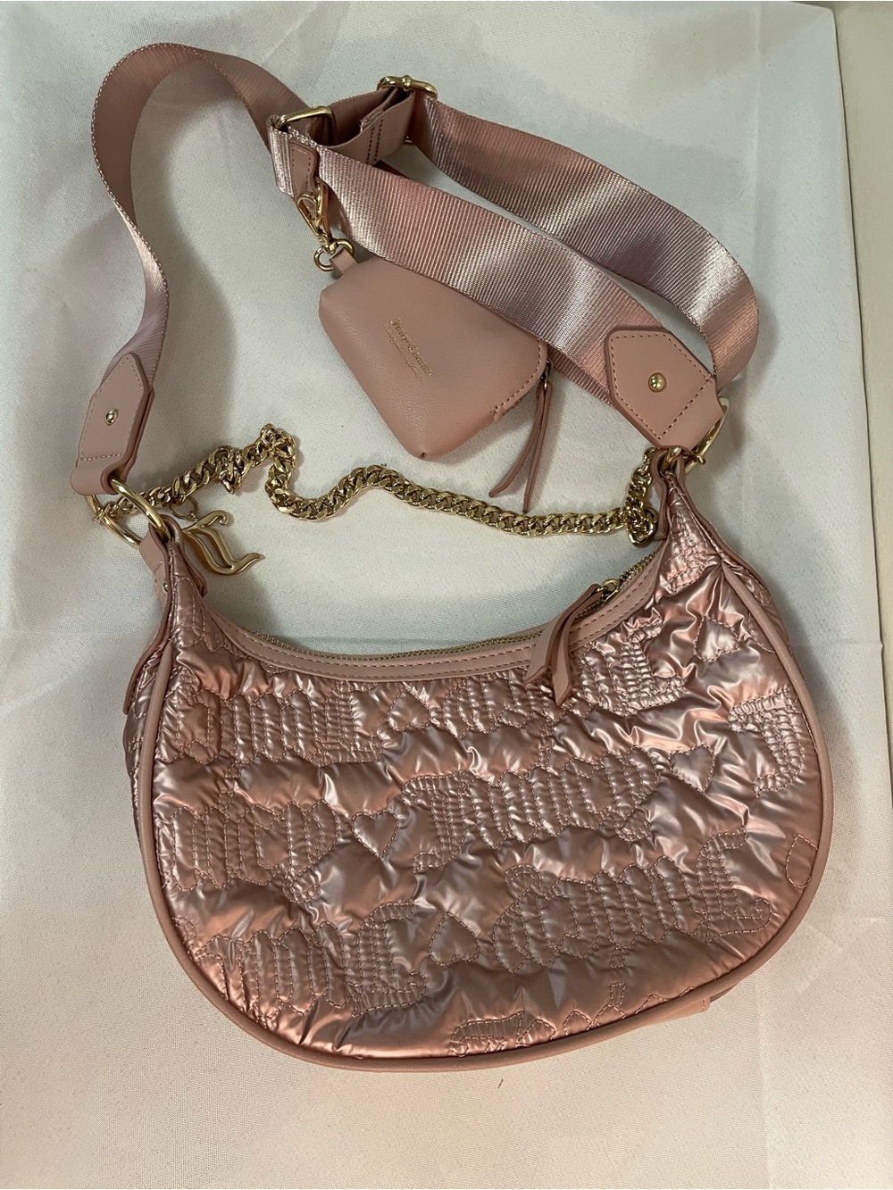 Juicy Couture Metallic Rose Pink Quilted Shoulder Bag with Detachable Strap